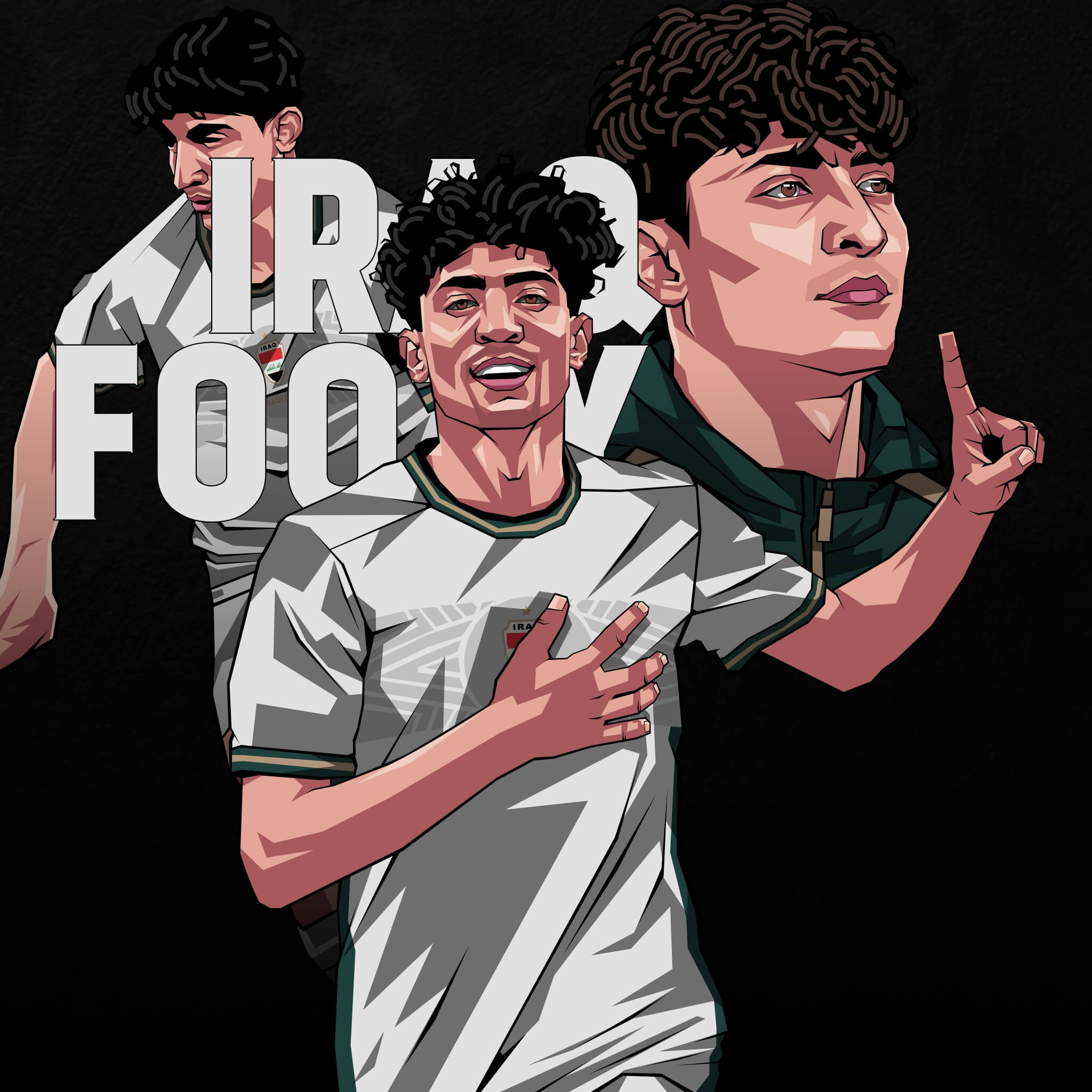 Illustration of Ali Jassim in Iraq football jersey with 'Iraq Footy' branding in the background, showing the player in various celebratory poses.