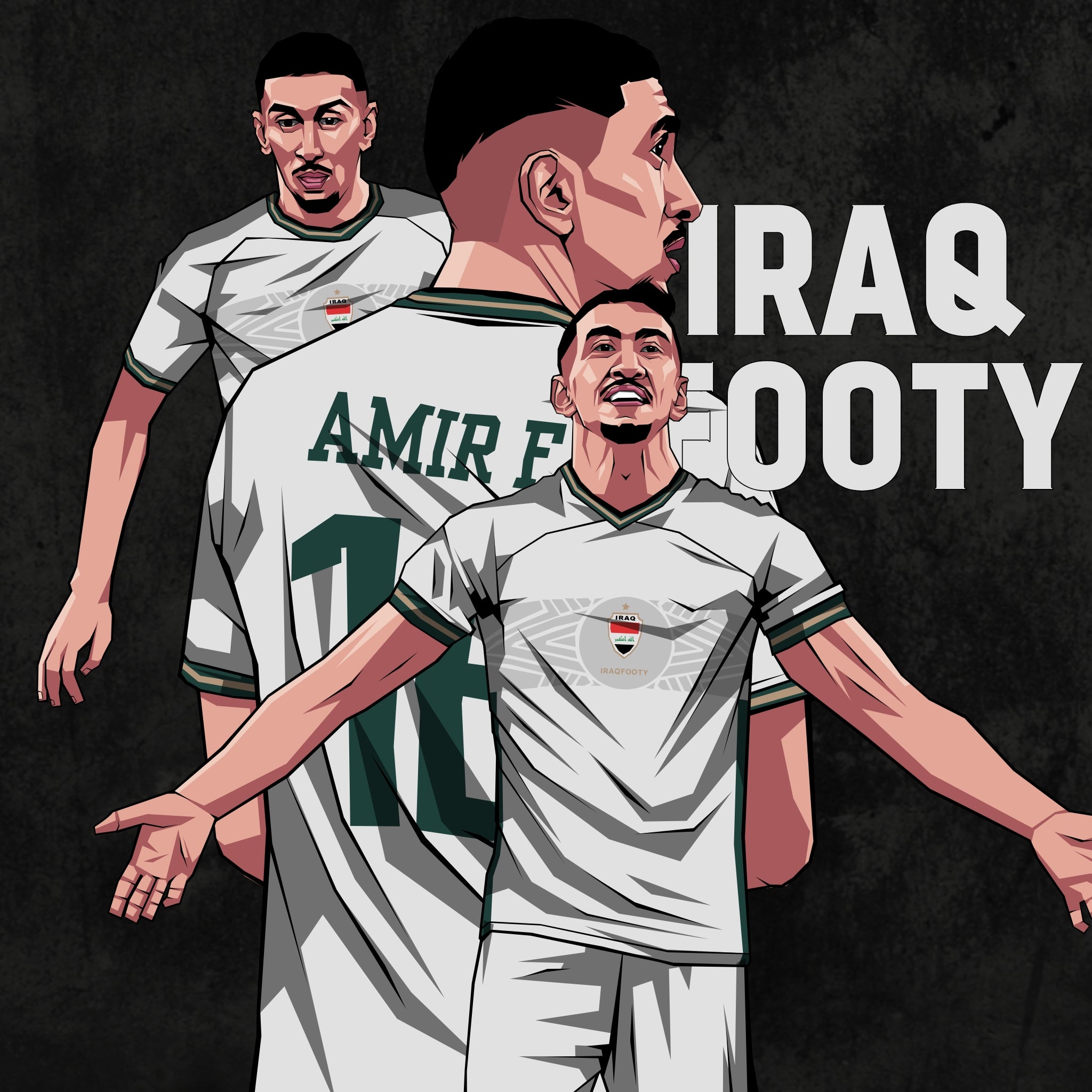 Illustration of Amir Al-Ammari in Iraq football jersey with 'Iraq Footy' branding in the background, featuring the player's name on the back and multiple poses.