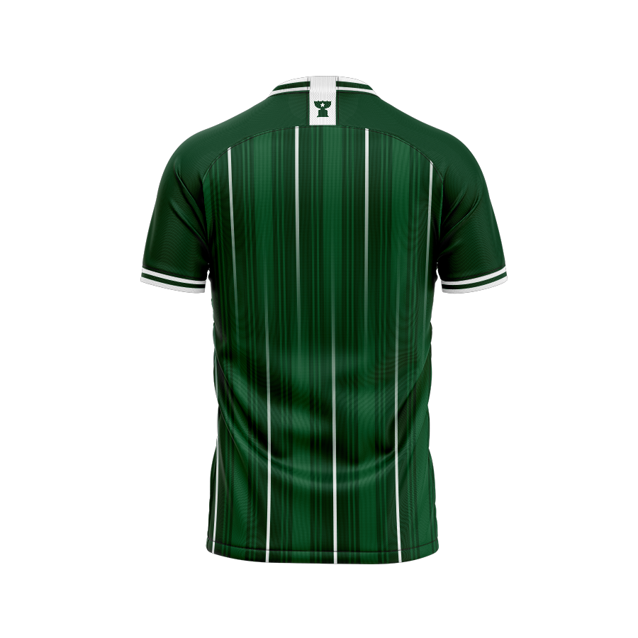 Back view of the Iraq Footy Green Football Jersey featuring vertical white stripes on a green base, with a small white patch at the top of the collar displaying a trophy emblem. The jersey includes white trim details on the collar and sleeve edges for a clean, finished look.