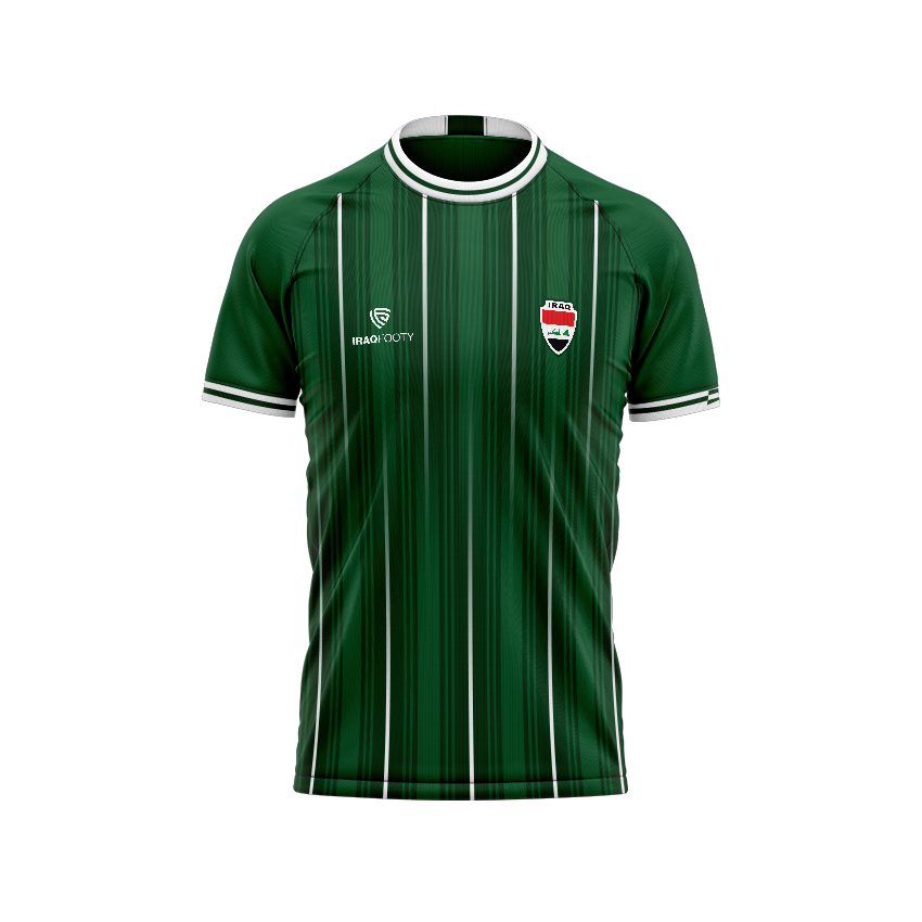 Front view of the Iraq Footy Green Football Jersey featuring a classic vertical stripe design in green with white accents. The jersey showcases the Iraq Footy logo on the chest alongside the national team crest, with a white-trimmed collar and sleeve edges for a clean, athletic look.