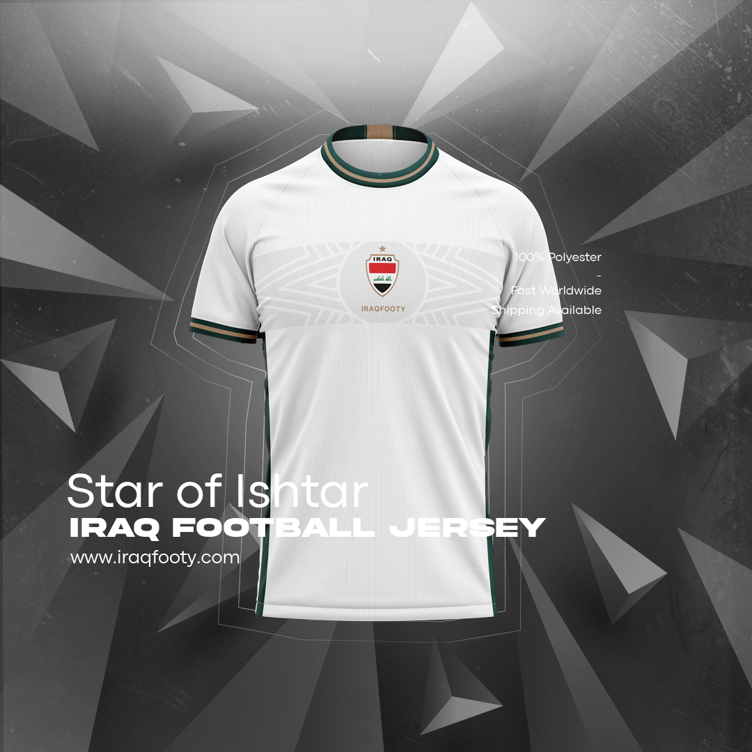 Star of Ishtar Iraq football jersey front view with Iraqfooty branding, 100% polyester, and fast worldwide shipping available.