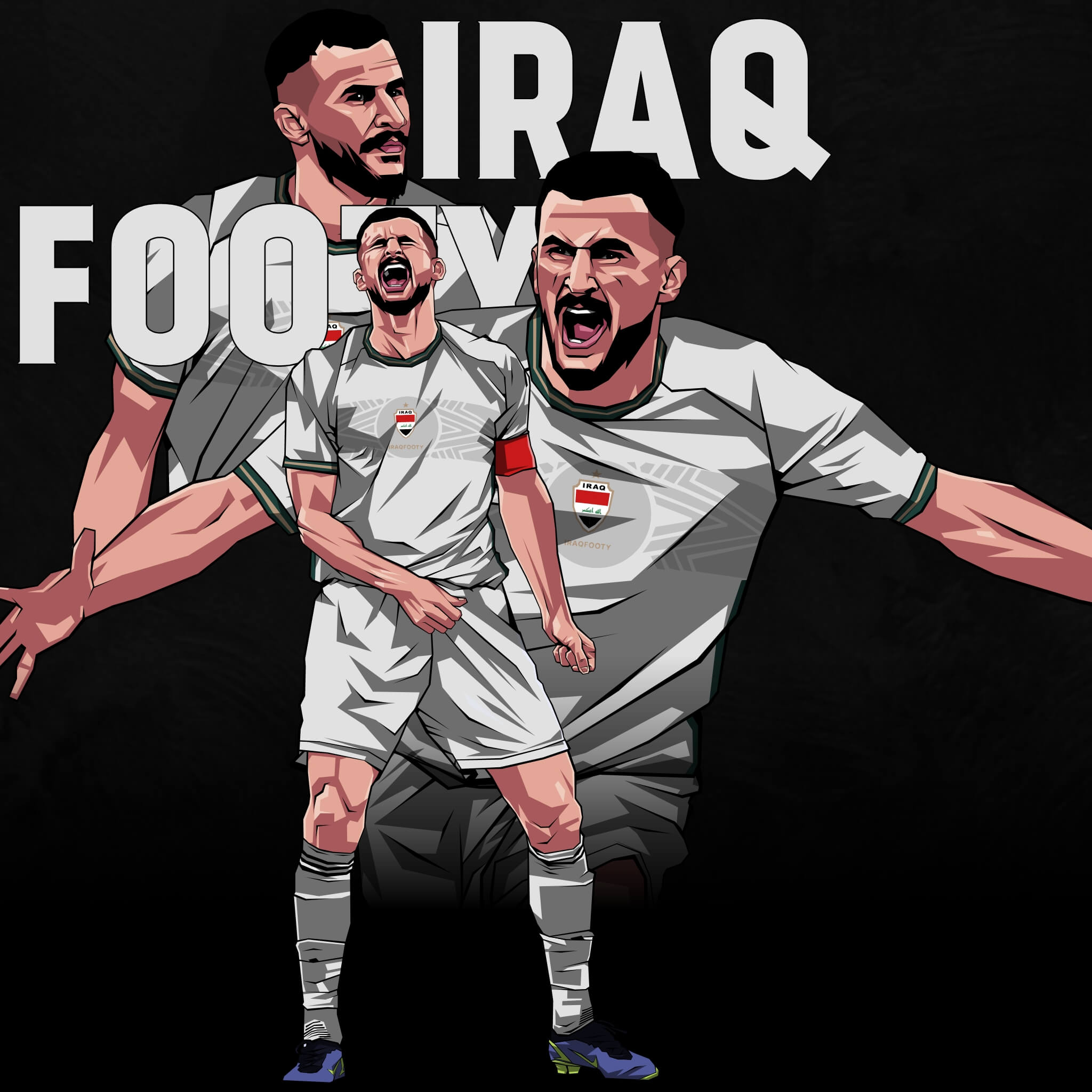Illustration of Aymen Hussein in Iraq football jersey with 'Iraq Footy' branding in the background, showing the player in various poses.